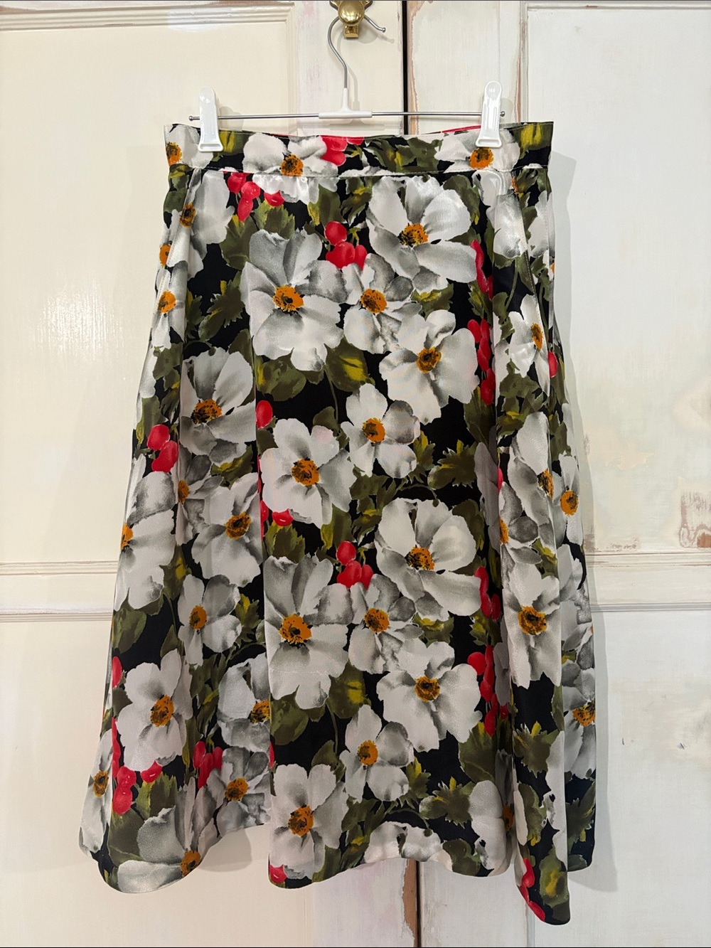 Vintage Handmade Floral A-Line Midi Skirt in Black and White
